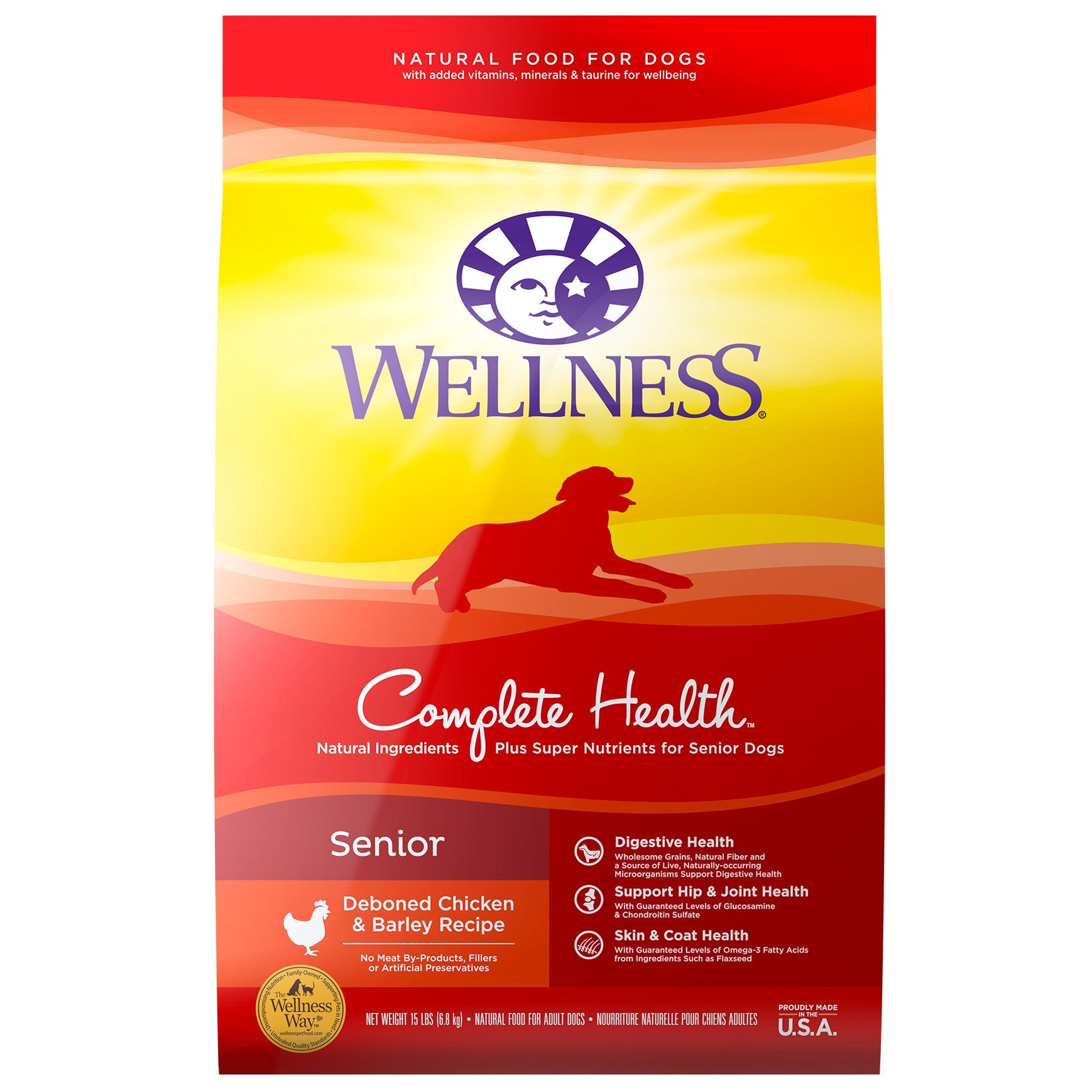 Wellness Complete Health Natural Dry Senior Dog Food, Chicken & Barley, 15-Pound Bag