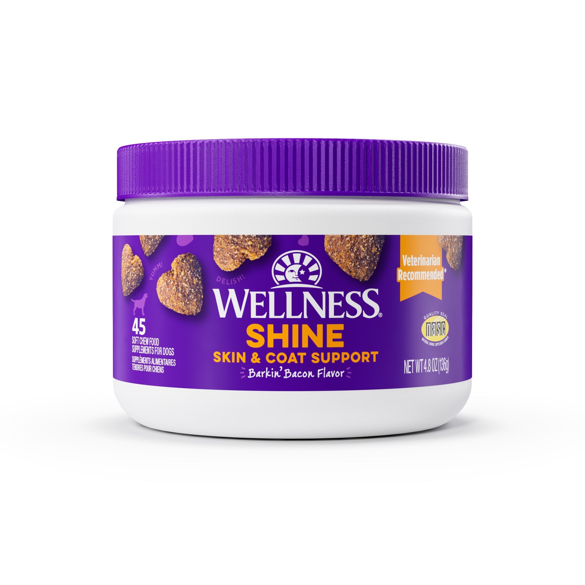 Wellness Barkin' Bacon Flavored Soft Chew Skin & Coat Supplements for Dogs, 45 count