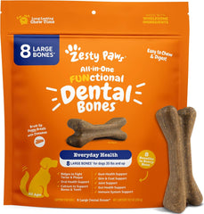 Zesty Paws Dental Bones - Fights Tartar & Plaque - Gum, Teeth & Bone Health - Cinnamon for Dog Breath - Immune, Joint, Gut, Skin & Coat Support - Omega 3 EPA & DHA and Calcium - Large Dogs - 8 ct
