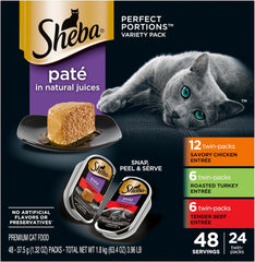 Sheba Perfect Portions Wet Cat Food Pate Savory Chicken Entree, Roasted Turkey Entree, and Tender Beef Entree Variety Pack, 2.6 oz. Twin Pack Trays (24 Count, 48 Servings)