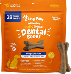 Zesty Paws Dental Bones - Fights Tartar & Plaque - Gum, Teeth & Bone Health - Cinnamon for Dog Breath - Immune, Joint, Gut, Skin & Coat Support - Omega 3 EPA & DHA and Calcium - Small Dogs - 28 ct
