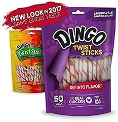 Dingo Twist Sticks 50 Count, Premium Rawhide Treats For Dogs Made with Real Chicken 50-Count