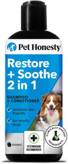 Pet Honesty Restore + Soothe 2 in 1 Shampoo + Conditioner for Sensitive Skin for Dogs & Cats - Dog Skin and Coat Supplement - Soothes Itching, Irritation and Hot Spots (Coconut) - 16oz