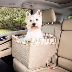 Solvit Product PetSafe Happy Ride Dog Safety Seat - Pet Booster Seat for Cars, Trucks and SUVs - Included Seat Belt Tether - Durable Liner is Machine Washable and Easy to Clean - Quilted Tan