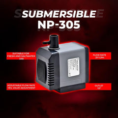 Aquatop NP-305 Aquarium Submersible Pump – 80 GPH Adjustable Flow for Fish Tanks, Small Water Features, and Sumps, Energy-Efficient Design
