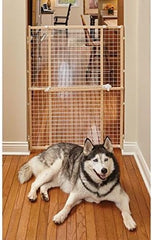 MidWest Homes for Pets Wire Mesh Pet Safety Gate, Pressure Mounted Dog Gate, Natural Wood & White Powder Coated Wire Mesh