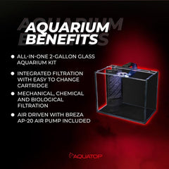 Aquatop Venti Professional Showcase Glass Aquarium Kit – All-in-One Freshwater with LED Light - Breza Air Pump & Replaceable Filter Cartridge