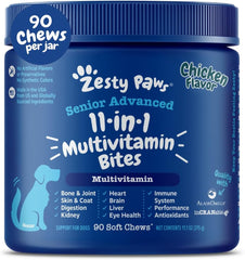 Zesty Paws Senior Dog Multivitamin Treats - Glucosamine for Dogs + Digestive Enzymes & Probiotics - Grain Free Dog Vitamins and Supplements for Skin & Coat + Immune Health Chicken - Advanced - 90ct