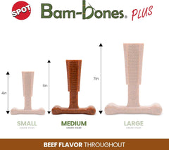 SPOT Bam-Bones Plus T Bone - Bamboo Fiber & Nylon, Durable Long Lasting Dog Chew for Aggressive Chewers – Great Toy for Adult Dogs & Teething Puppies Under 30lbs, Non-Splintering, Beef Flavor