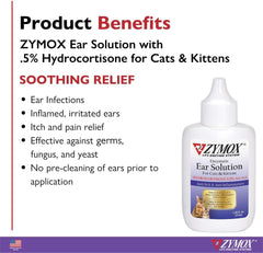 Zymox Enzymatic Ear Solution with 0.5% Hydrocortisone for Cats & Kittens, 1.25 oz. – Cleans & Refreshes Ear Canal for Relief from Wax, Dirt Buildup, Itchiness, Irritation, Inflammation & Redness