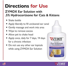 Zymox Enzymatic Ear Solution with 0.5% Hydrocortisone for Cats & Kittens, 1.25 oz. – Cleans & Refreshes Ear Canal for Relief from Wax, Dirt Buildup, Itchiness, Irritation, Inflammation & Redness