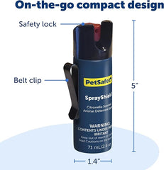 PetSafe SprayShield Animal Deterrent Spray (2.4 Oz / 71 ML) Dog Spray Self Defense Compact Design for Portability, Belt Clip for Easy Carry, Releases Surprising Burst, Citronella