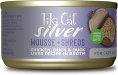 Tiki Cat Silver Comfort Mousse + Shreds, Chicken & Duck and Duck Liver, Immune System Support Formulated for Older Cats Aged 11+, Senior Wet Cat Food