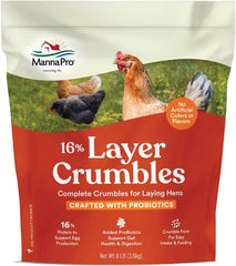 Manna Pro Chicken Feed, 16% Protein Layer Crumbles with Probiotics for Digestive Health, Complete Feed for Laying Hens to Support Egg Production, Nutrient-Rich Chicken Food, Made in USA, 8 lb Bag