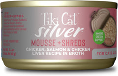 Tiki Cat Silver Comfort Mousse + Shreds, Chicken, Salmon & Chicken Liver Recipe, Immune System Support Formulated for Older Cats Aged 11+, Senior Wet Cat Food