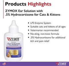 Zymox Enzymatic Ear Solution with 0.5% Hydrocortisone for Cats & Kittens, 1.25 oz. – Cleans & Refreshes Ear Canal for Relief from Wax, Dirt Buildup, Itchiness, Irritation, Inflammation & Redness