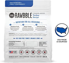 BIXBI Rawbble Freeze Dried Dog Food, Turkey Recipe - 96% Meat and Organs, No Fillers - Pantry-Friendly Raw Dog Food for Meal, Treat or Food Topper - USA Made in Small Batches