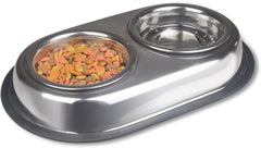 Van Ness Pets Stainless Steel Double Dish Food And Water Bowl For Cats/Small Dogs, Wide No-Tip Base