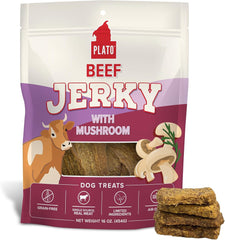 PLATO Pet Treats Jerky Dog Treats - Air-Dried Beef Jerky with Mushroom - Grain Free, High Protein