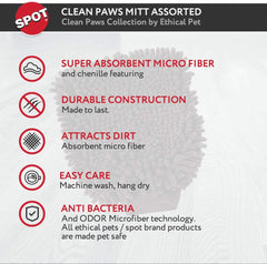 SPOT Clean Paws Chenille Microfiber Dog Towel Mitt - Super Absorbent, Quick-Drying, Washable, Double-Sided Glove for Wet Paws & Body, Durable, Odor-Free, Gently Massages & Dries, 9.5in x 7in