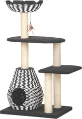 PetPals Ace 4-Level Multi-Activity Cat Tree with Felt Perches, Handwoven Recycled Paper Rope Condo, Sisal Scratching Posts, Feather Teaser Toy, Eco-Friendly & Stylish Cat Furniture, Black & White