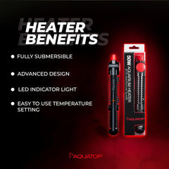 Aquatop Premier Glass Heater with Guard – Submersible for Fish Tanks Up to 13 Gallons – 68-93°F Adjustable Temp – Fresh & Saltwater Use