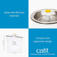 Catit Stainless Steel Flower Fountain with Triple Action Filter, Cat Drinking Water Fountain, 3 L