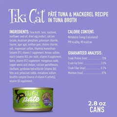 Tiki Cat Luau Pâté, Ahi Tuna & Mackerel Recipe in Tuna Consumme, Grain-Free Balanced Nutrition Wet Canned Cat Food, for All Life Stages