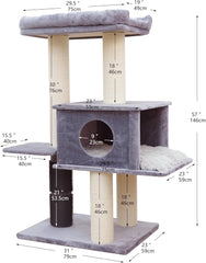 PetPals 57” Grand Maine Coon™ Cat Tree – Lulu, with Extra Large Condo, Removable Top Bed, Thick Sisal Scratching Posts, Full Body Grooming Brush (Gray)