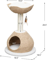 Petpals 28" High 2 Level Handwoven Paper Rope Nest Cat Bed and Large Handwoven Basket Hideaway with Washable Cushions,Replacement Natural Sisal Scratching Post for Indoor Cats