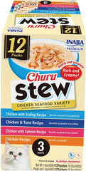 INABA Churu Stew for Cats, Broth Gelée with Shredded Chicken Side Dish Pouch with Vitamin E, 1.4 Ounces per Pouch, 12 Pouches, Chicken & Seafood Variety