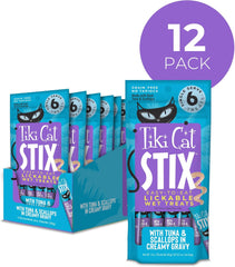 Tiki Cat Stix Mousse Treats, Single Serve Indulgent Lickable Treat or Dry Food Topper, with Tuna and Scallops in Creamy Gravy