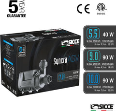 SICCE Syncra ADV 9.0 Water Pump 2500 GPH Italian Made Aquarium DC Return with Controller | Quiet, Submersible or External | Fish Tank, Sump, Pond, Freshwater and Saltwater Marine Use