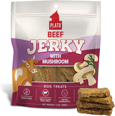 PLATO Pet Treats Jerky Dog Treats - Air-Dried Beef Jerky with Mushroom - Grain Free, High Protein