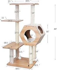 Petpals 44" High 5 Level Minimalist Large Cat Tower with Wooden Condo and Platforms, Natural Sisal Scratching Posts, Playful Toys,for Adult Cats (Beige)