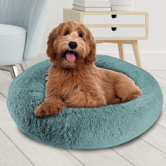 Arlee Donut Round Pet Dog Bed - Memory Foam - Calming Reduce Anxiety - Shaggy Vegan Fur - Assembled USA, Teal