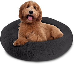 Arlee Donut Round Pet Dog Bed - Memory Foam - Calming Reduce Anxiety - Shaggy Vegan Fur - Assembled USA, Black