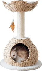 Petpals 28" High 2 Level Handwoven Paper Rope Nest Cat Bed and Large Handwoven Basket Hideaway with Washable Cushions,Replacement Natural Sisal Scratching Post for Indoor Cats