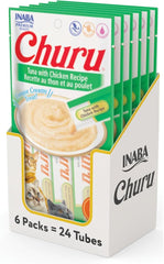 INABA Churu Cat Treats, Grain-Free, Lickable, Squeezable Creamy Purée Cat Treat/Topper with Vitamin E & Taurine, 0.5 Ounces Each Tube, 24 Tubes (4 per Pack), Tuna with Chicken Recipe
