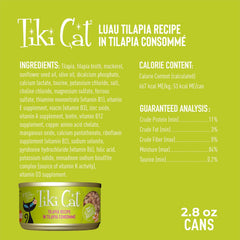 Tiki Cat Luau Shredded Meat, Tilapia Recipe in Tilapia Consumme, Grain-Free Balanced Nutrition Wet Canned Cat Food, For All Life Stages