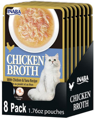 Inaba Chicken Broth, Shredded Chicken & Broth Side Dish/Topper for Cats with Vitamin E, 1.76 Ounce Pouch, 8 Pouches Total, Chicken and Tuna Recipe