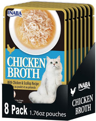 INABA Chicken Broth, Shredded Chicken & Broth Side Dish/Topper for Cats with Vitamin E, 1.76 Ounce Pouch, 8 Pouches Total, Chicken and Scallop Recipe