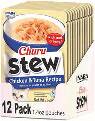 INABA Churu Stew for Cats, Broth Gelée with Shredded Chicken Side Dish Pouch with Vitamin E, 1.4 Ounces per Pouch, 12 Pouches, Chicken & Tuna Recipe