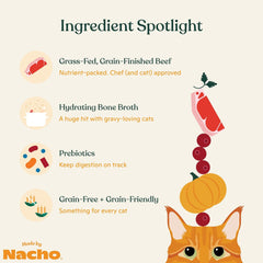 Made by Nacho Wet Cat Food, Cuts in Gravy, Limited Ingredients, Grass-Fed Grain Finished Beef Recipe with Bone Broth for Extra Hydration, (12) 3 oz. Pouches