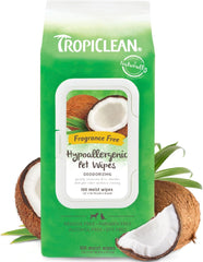 TropiClean Hypoallergenic Dog Wipes for Paws, Butt, Face and Body, Safe for Puppy, Puppy Essentials, Cleaning Deodorizing, Unscented, Cat Safe 100 count