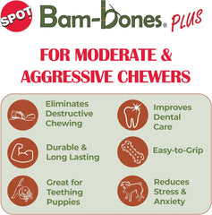 SPOT Bam-Bones Plus T Bone - Bamboo Fiber & Nylon, Durable Long Lasting Dog Chew for Aggressive Chewers – Great Toy for Adult Dogs & Teething Puppies Under 30lbs, Non-Splintering, Beef Flavor