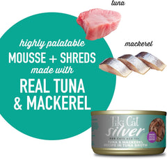 Tiki Cat Silver Comfort Mousse + Shreds, Tuna & Mackerel Recipe in Tuna Broth, Immune System Support Formulated for Older Cats Aged 11+, Senior Wet Cat Food
