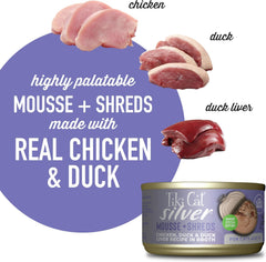 Tiki Cat Silver Comfort Mousse + Shreds, Chicken & Duck and Duck Liver, Immune System Support Formulated for Older Cats Aged 11+, Senior Wet Cat Food