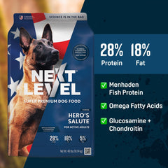 Next Level Super Premium Dog Food – Hero's Salute Adult Dry Dog Food Kibble All Breeds – 28% Protein, Fish, Chicken and Gluten Free Grains, Glucosamine & Chondroitin for Hip & Joint Health 40 lb
