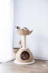 Petpals 28" High 2 Level Handwoven Paper Rope Nest Cat Bed and Large Handwoven Basket Hideaway with Washable Cushions,Replacement Natural Sisal Scratching Post for Indoor Cats